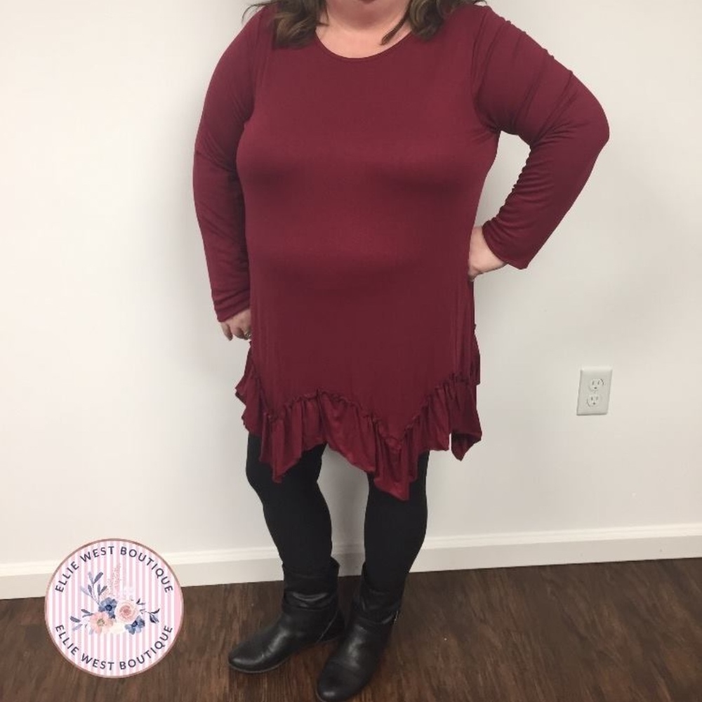 Plus Size!Burgundy Ruffled Tunic Top